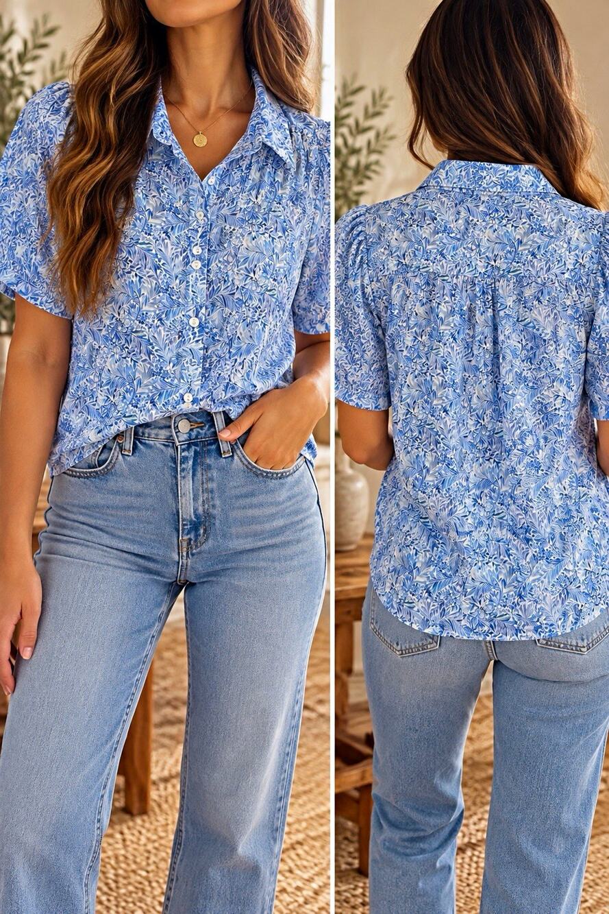 NWT BRORA Women’s Blue White Floral Woven Collared Button-Up Blouse L